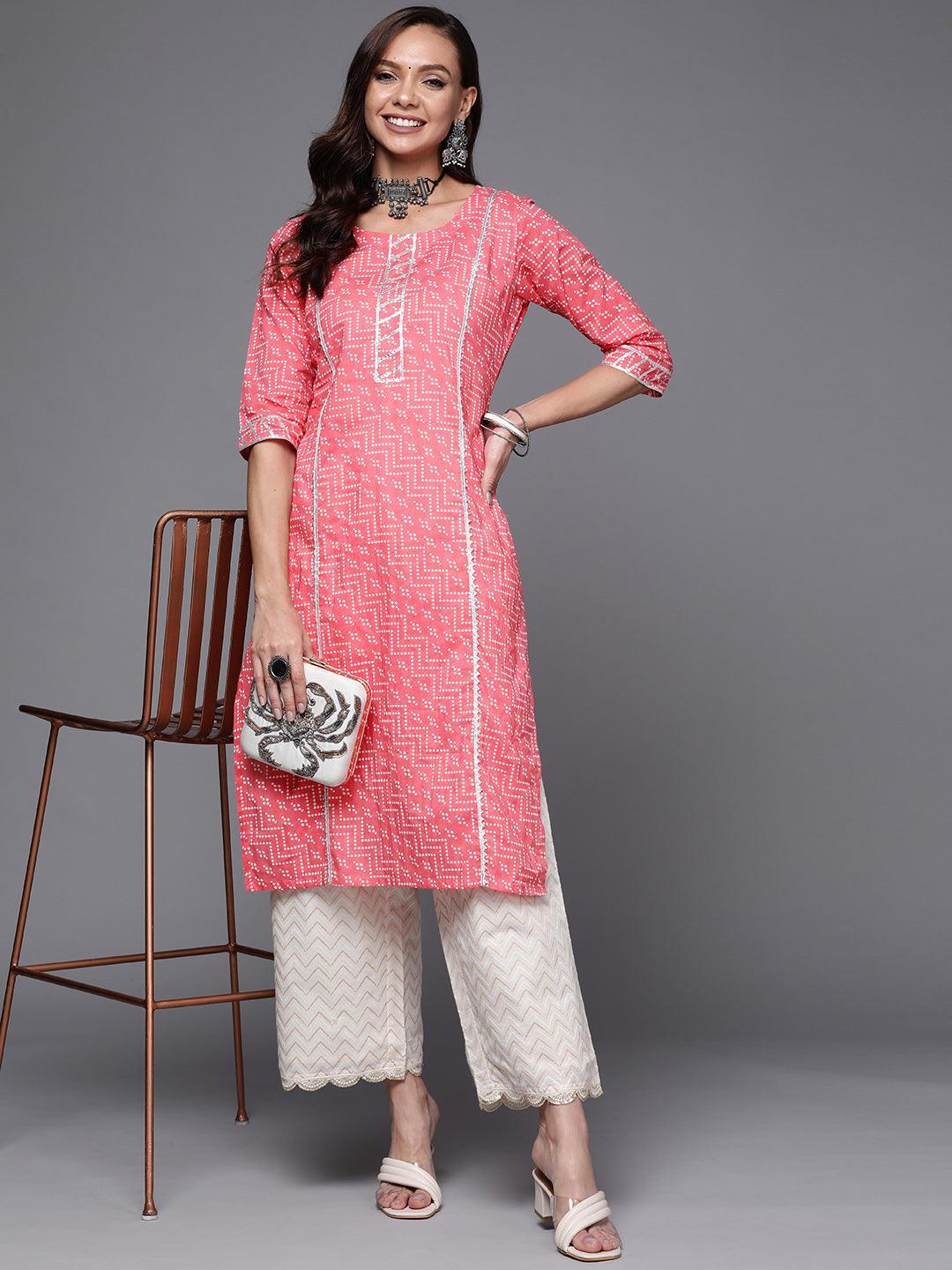Pink Printed Cotton Straight Kurta - ShopLibas