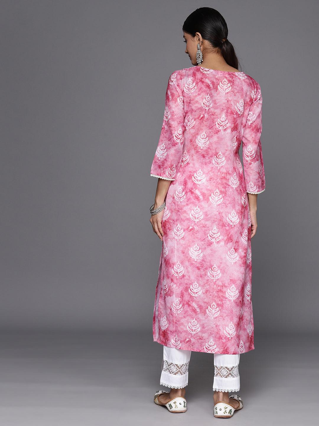 Pink Printed Cotton Straight Kurta - Libas 