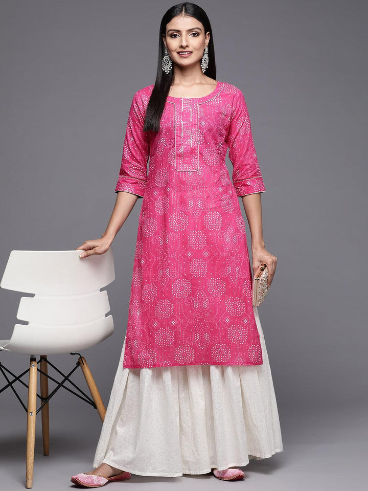 Pink Printed Cotton Straight Kurta - Libas