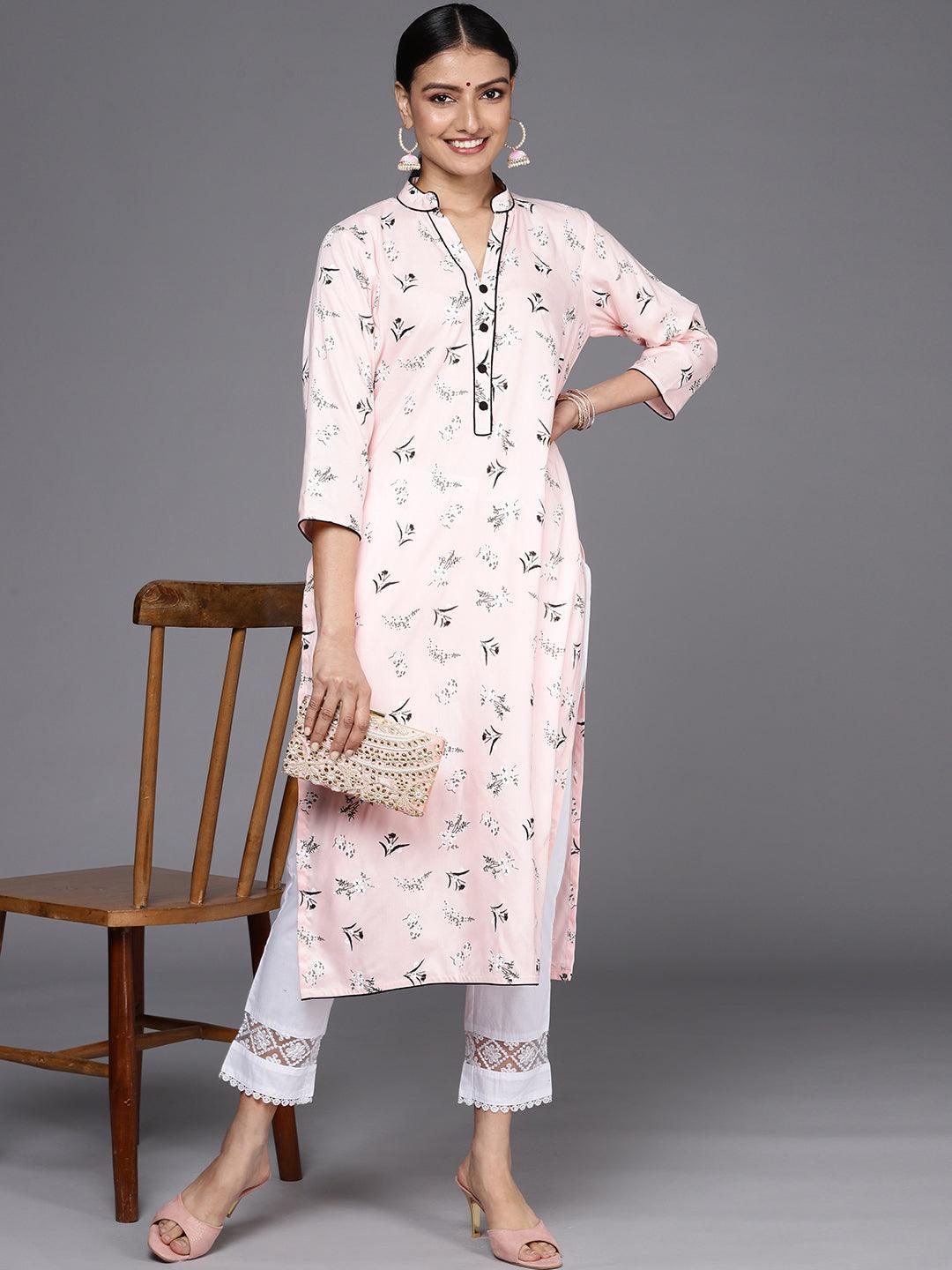 Pink Printed Cotton Straight Kurta - ShopLibas