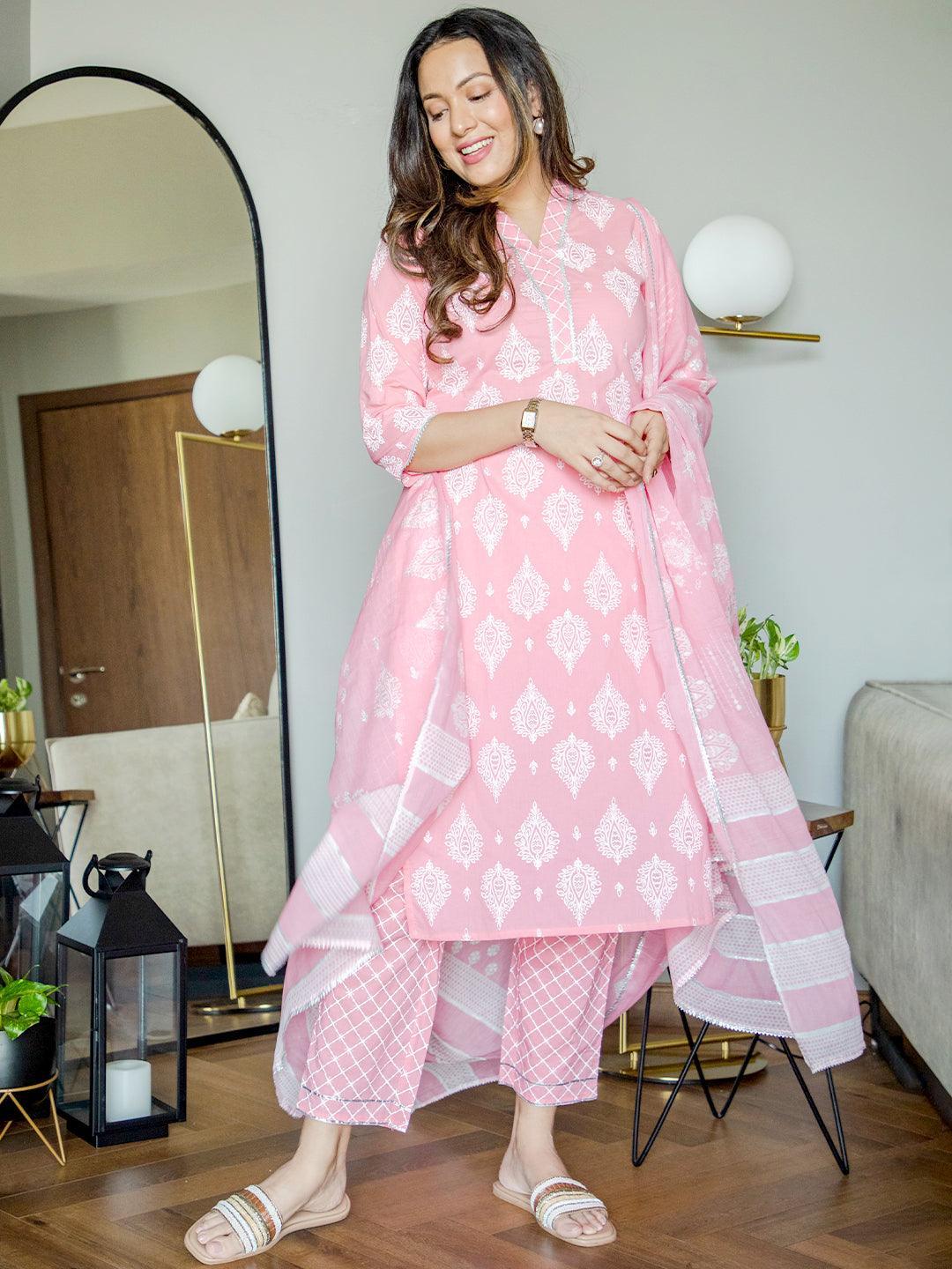 Pink Printed Cotton Straight Suit Set - ShopLibas