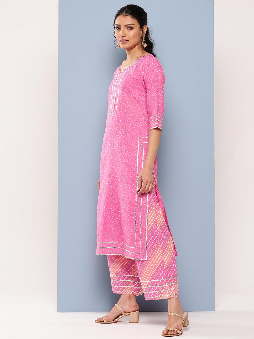 Pink Printed Cotton Straight Suit Set With Palazzos - Libas 