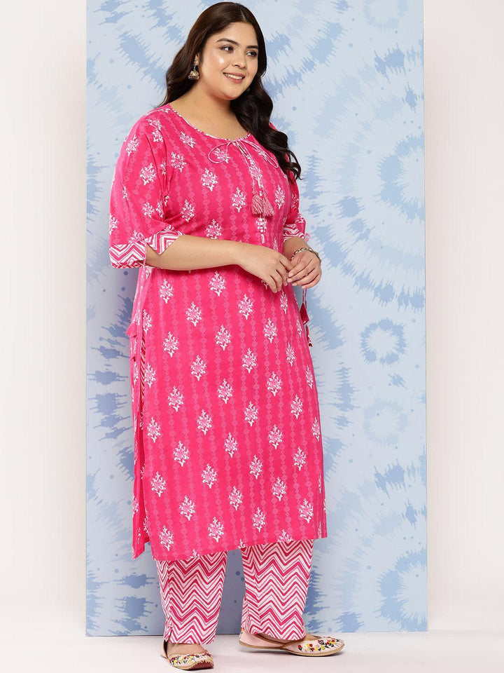 Pink Printed Cotton Straight Kurta With Trousers and Dupatta