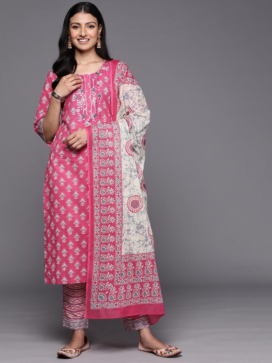 Pink Printed Cotton Straight Suit Set With Trousers - ShopLibas
