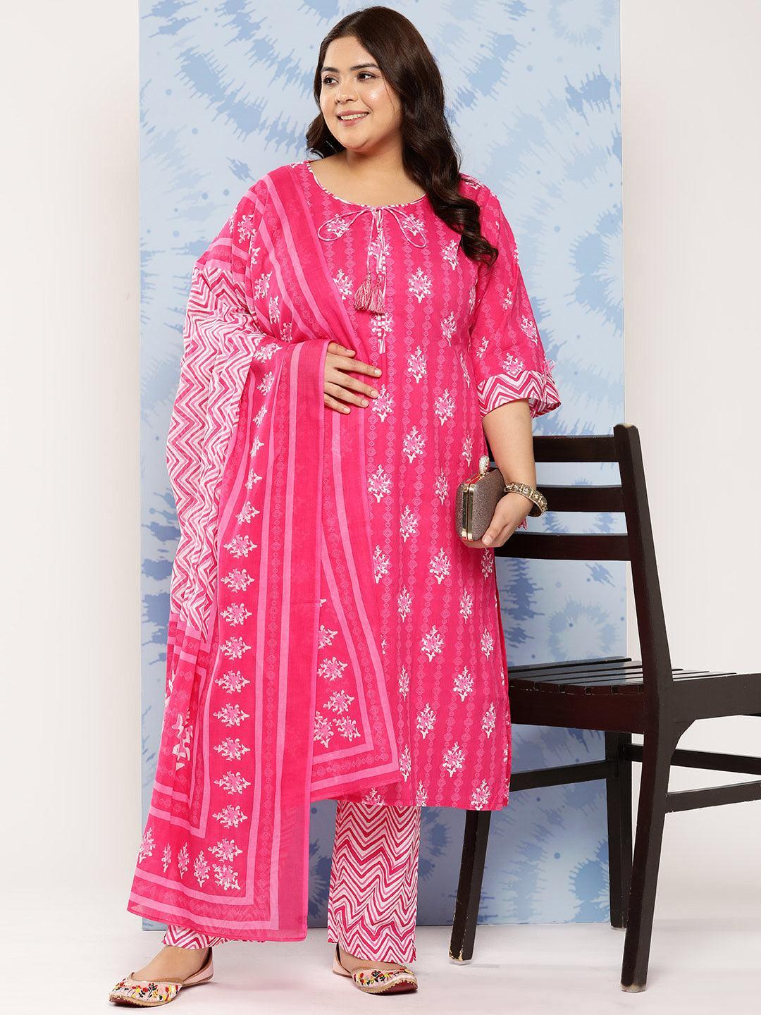 Pink Printed Cotton Straight Kurta With Trousers and Dupatta - Libas 
