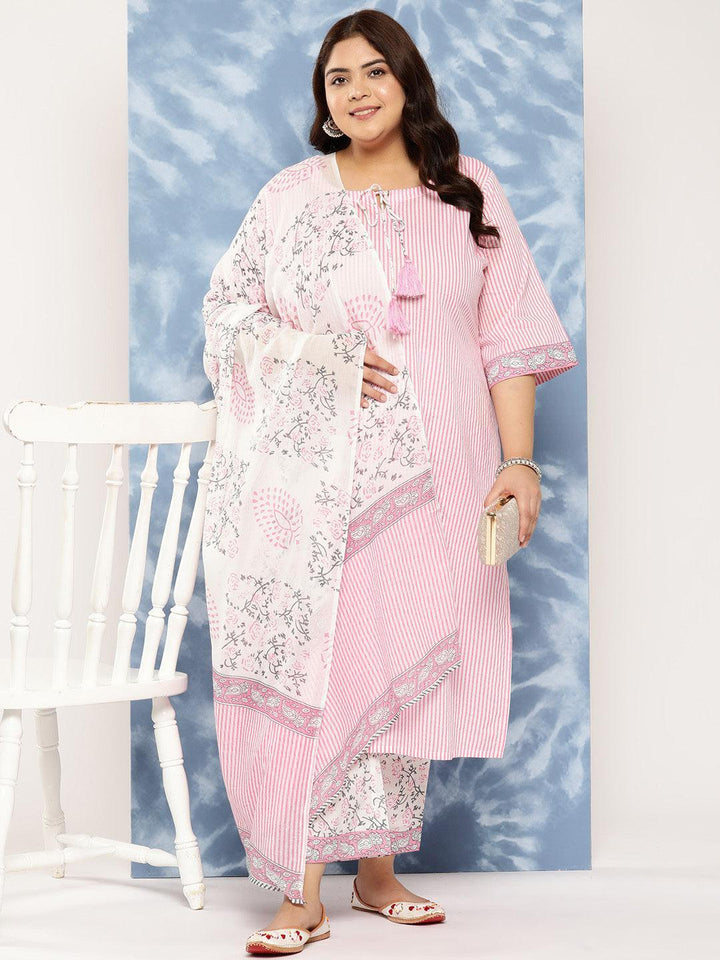 Pink Printed Cotton Straight Kurta With Trousers and Dupatta