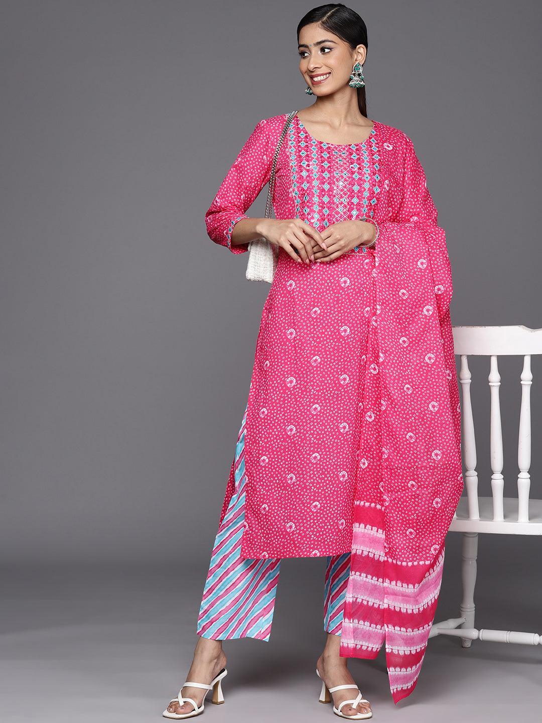 Pink Printed Cotton Straight Suit Set With Trousers - ShopLibas 