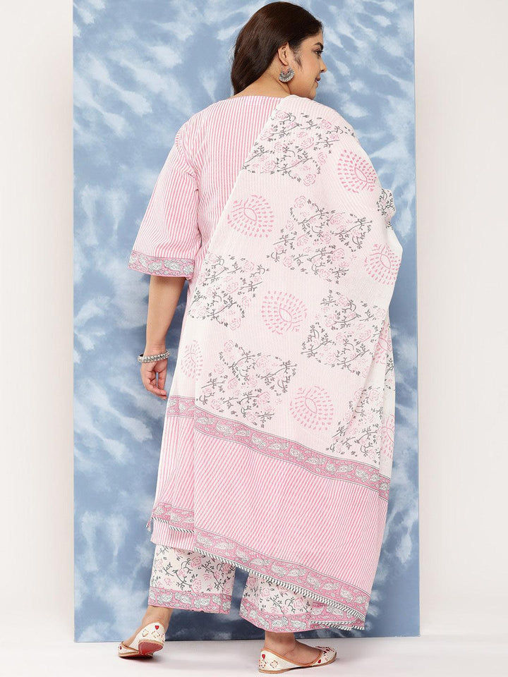Pink Printed Cotton Straight Kurta With Trousers and Dupatta