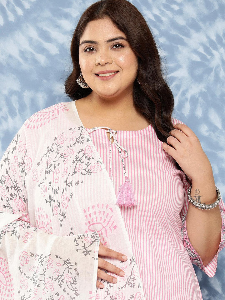 Pink Printed Cotton Straight Kurta With Trousers and Dupatta