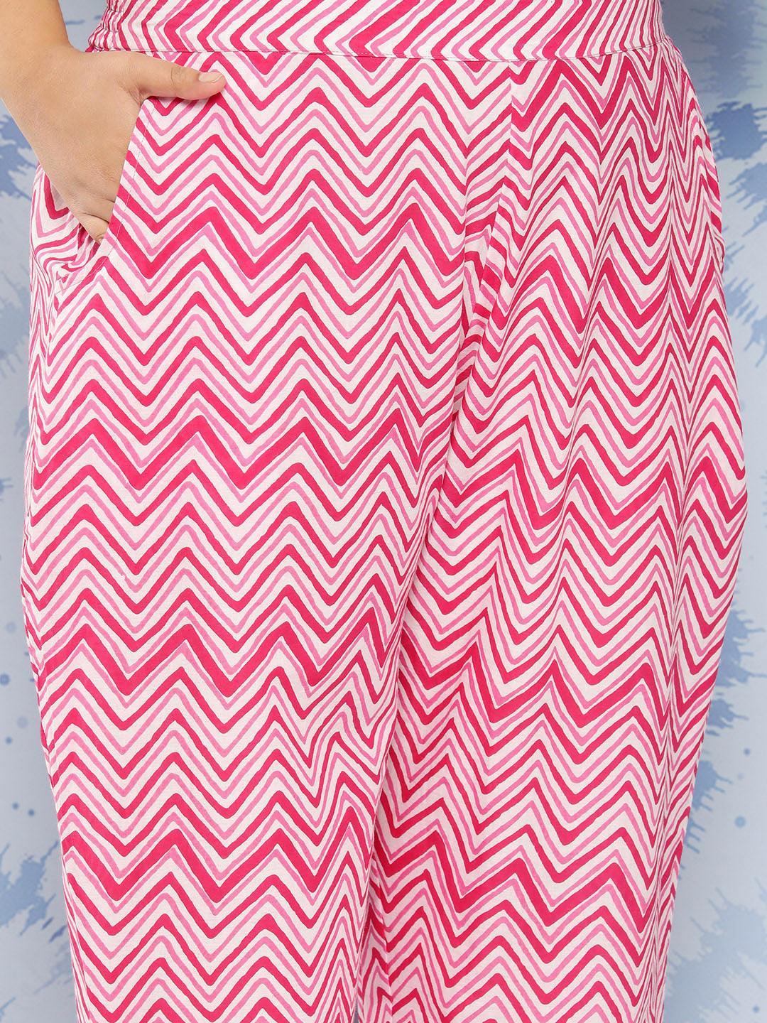 Pink Printed Cotton Straight Kurta With Trousers and Dupatta - Libas 