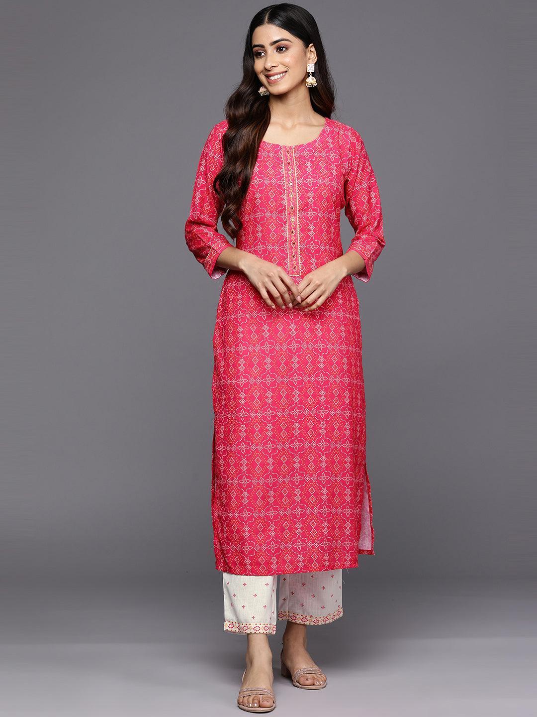 Pink Printed Cotton Straight Kurta Set With Trousers - ShopLibas 