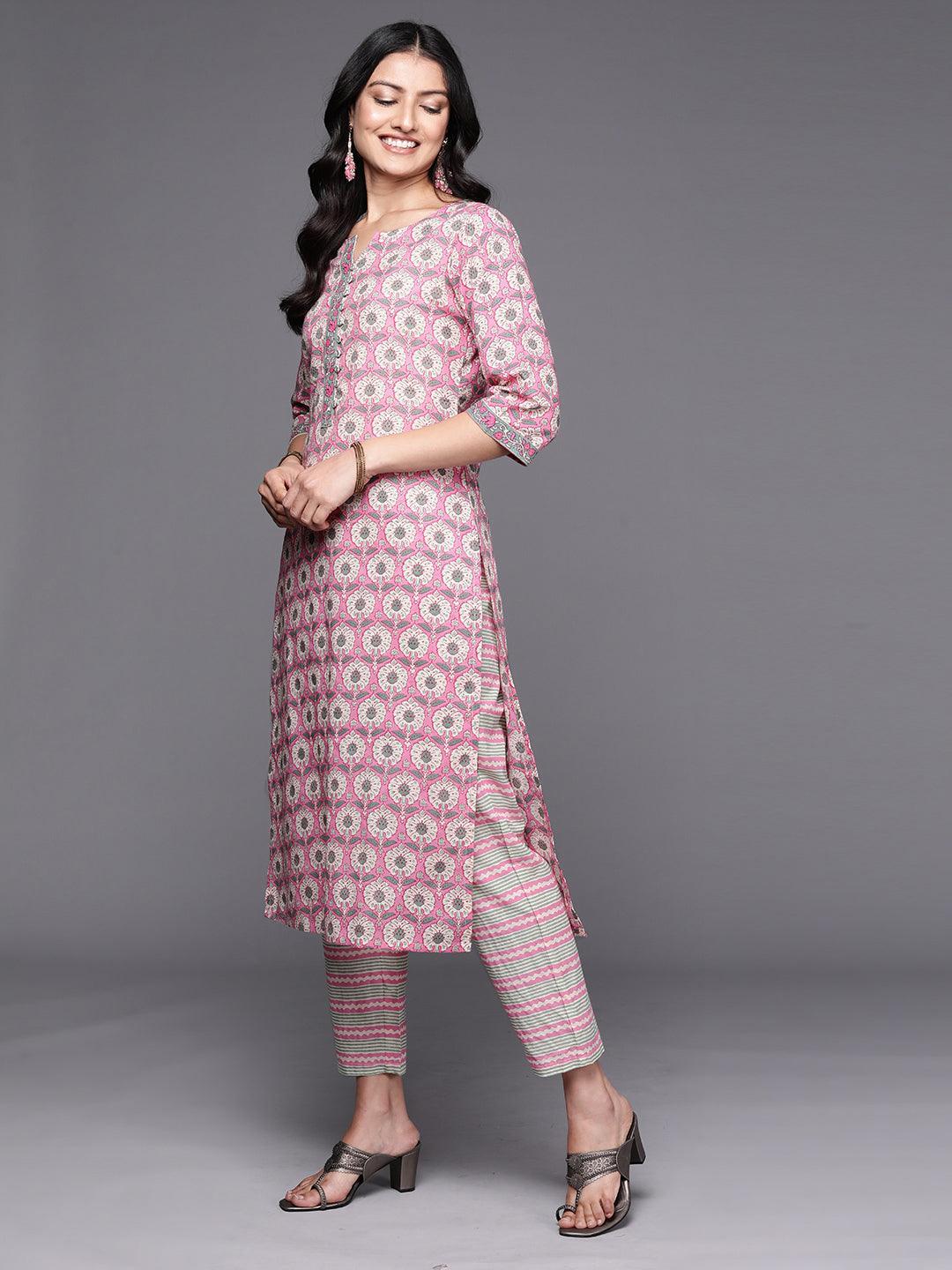 Pink Printed Cotton Straight Kurta Set With Trousers - ShopLibas 