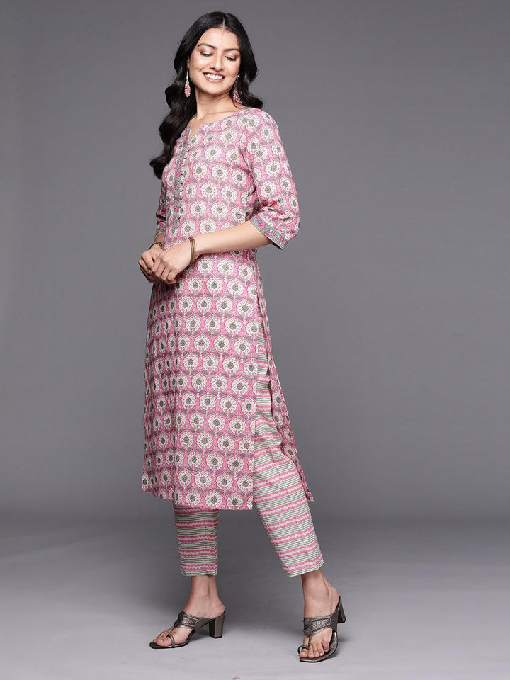 Pink Printed Cotton Straight Kurta Set With Trousers
