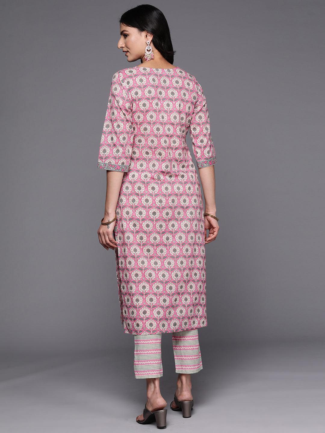 Pink Printed Cotton Straight Kurta Set With Trousers - ShopLibas 