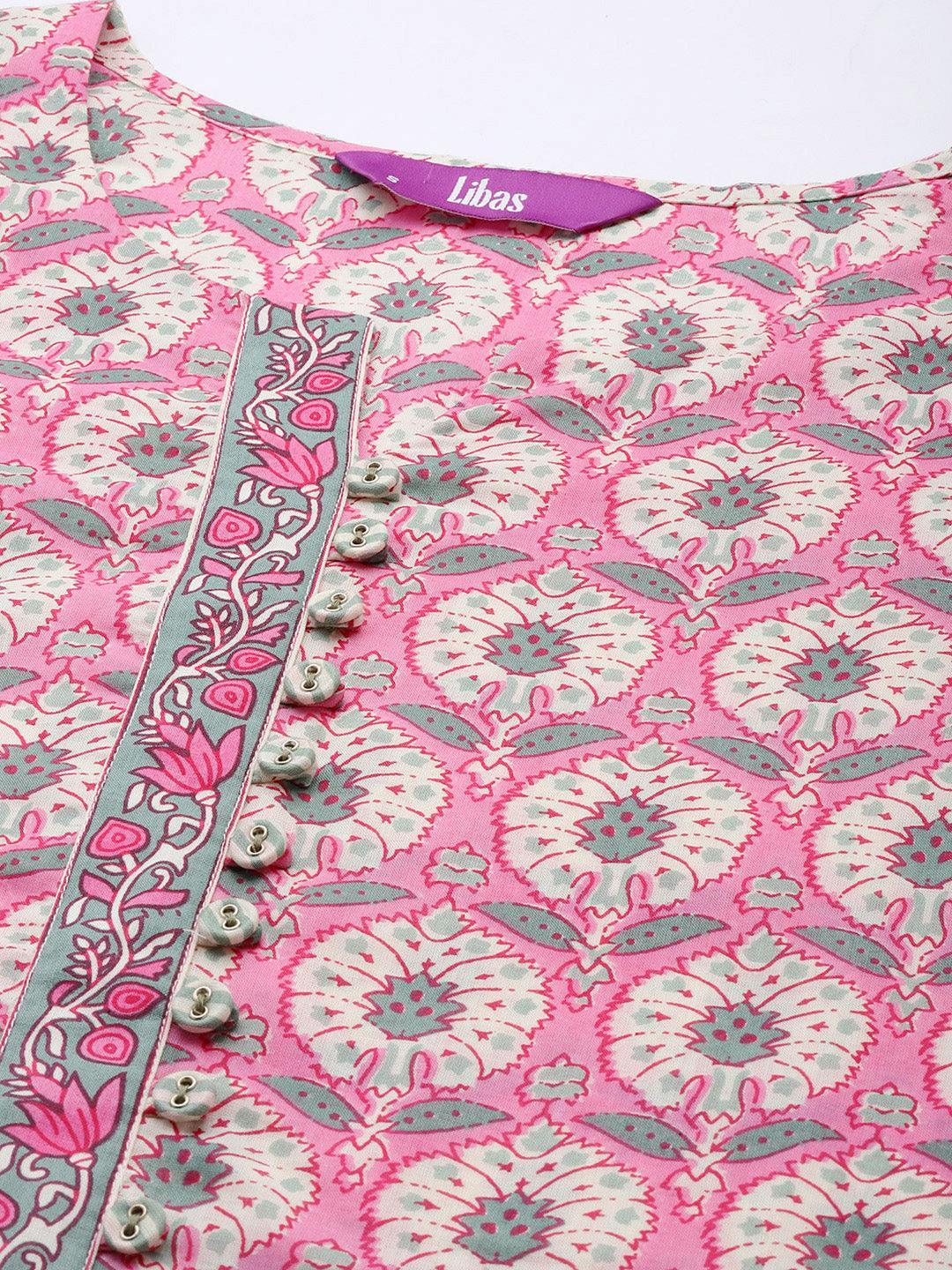 Pink Printed Cotton Straight Kurta Set With Trousers - ShopLibas 
