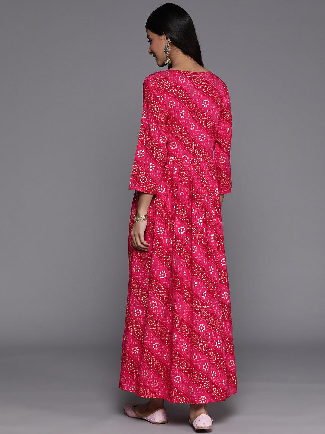 Pink Printed Fit and Flare Rayon Dress - ShopLibas 