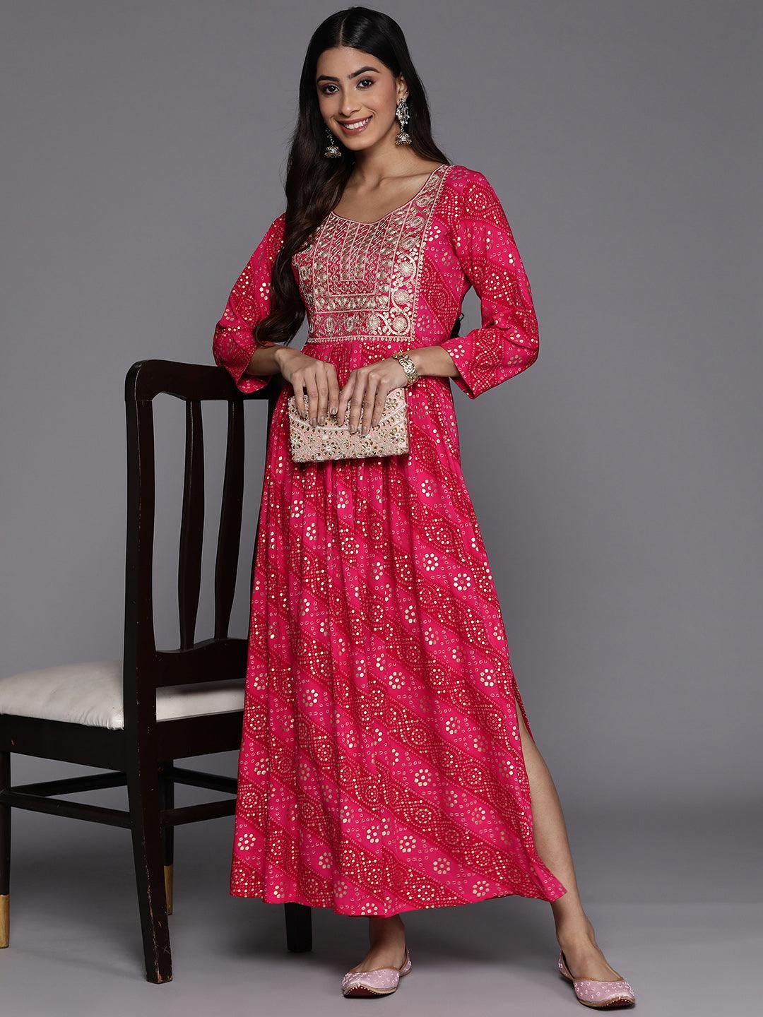 Pink Printed Fit and Flare Rayon Dress - ShopLibas 