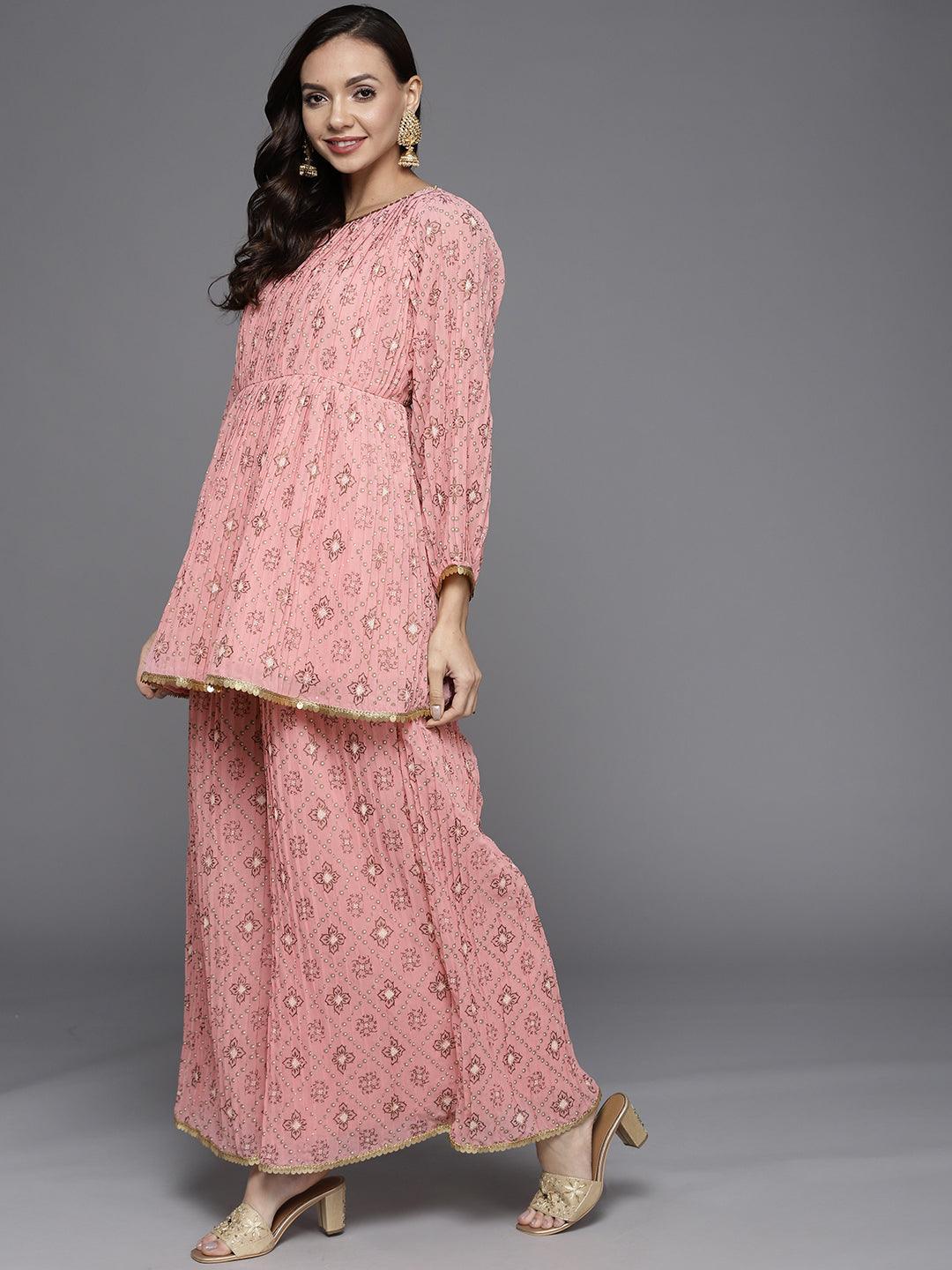 Pink Printed Georgette A-Line Suit Set - ShopLibas