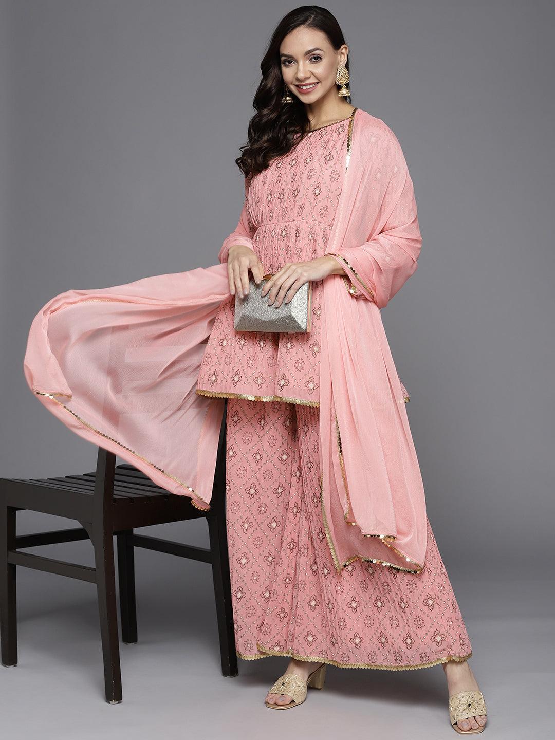 Pink Printed Georgette A-Line Suit Set - ShopLibas
