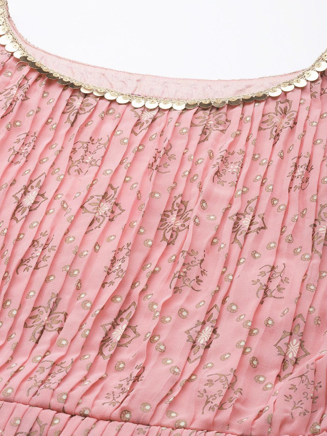 Pink Printed Georgette A-Line Suit Set - ShopLibas
