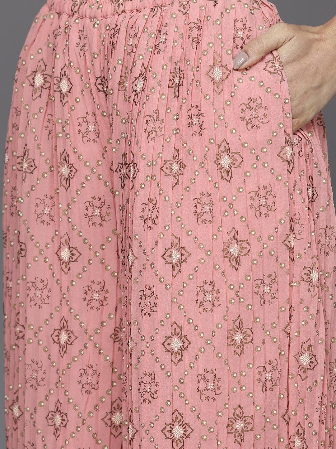 Pink Printed Georgette A-Line Suit Set - ShopLibas