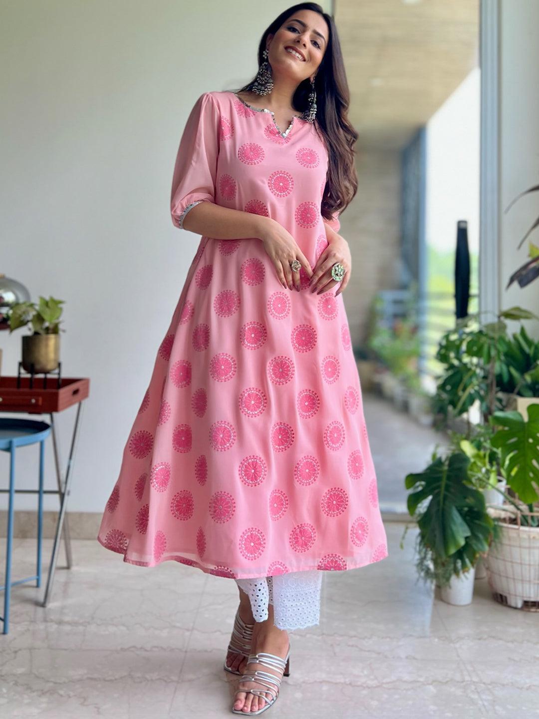 Pink Printed Georgette Kurta - ShopLibas