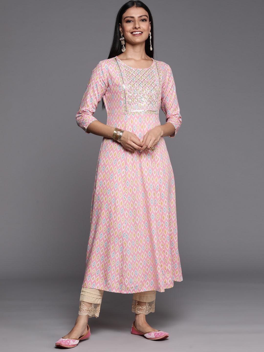 Pink Printed Rayon A-Line Kurta - Libas