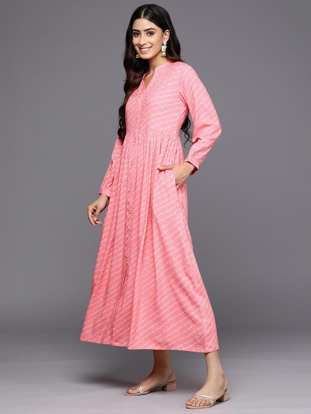 Pink Printed Rayon Fit and Flare Dress - ShopLibas