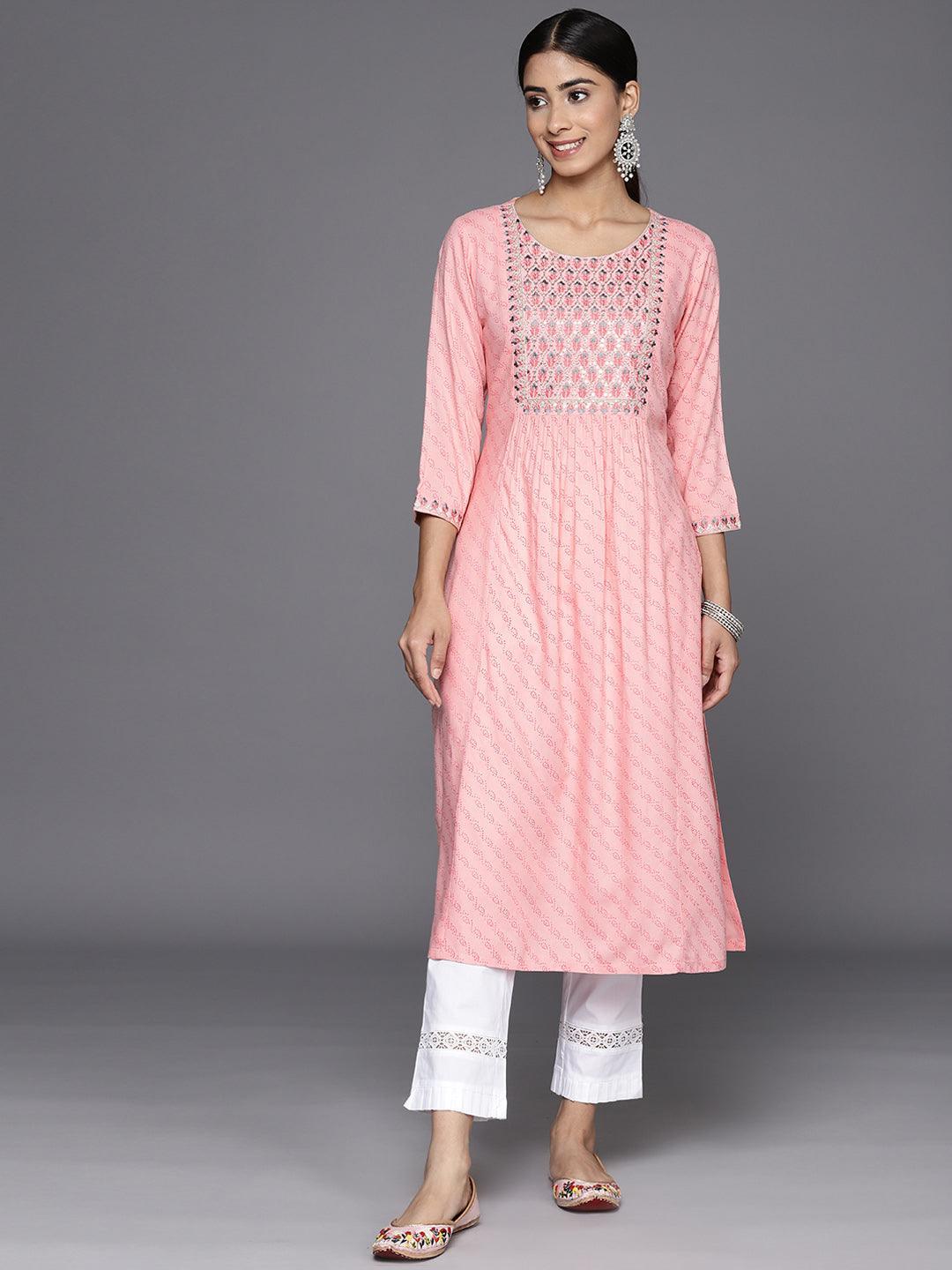 Pink Printed Rayon Straight Kurta - Libas 