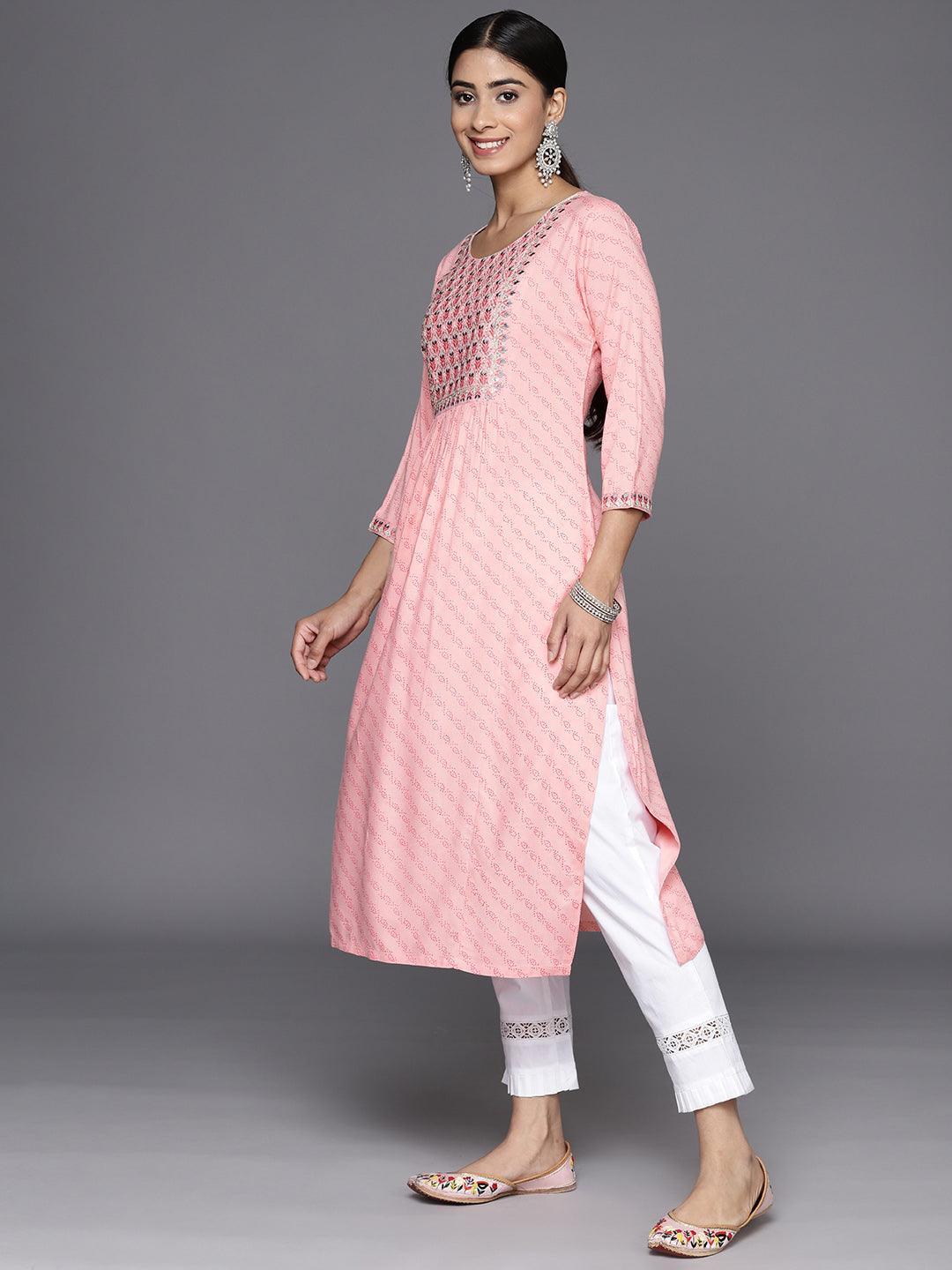 Pink Printed Rayon Straight Kurta - Libas 