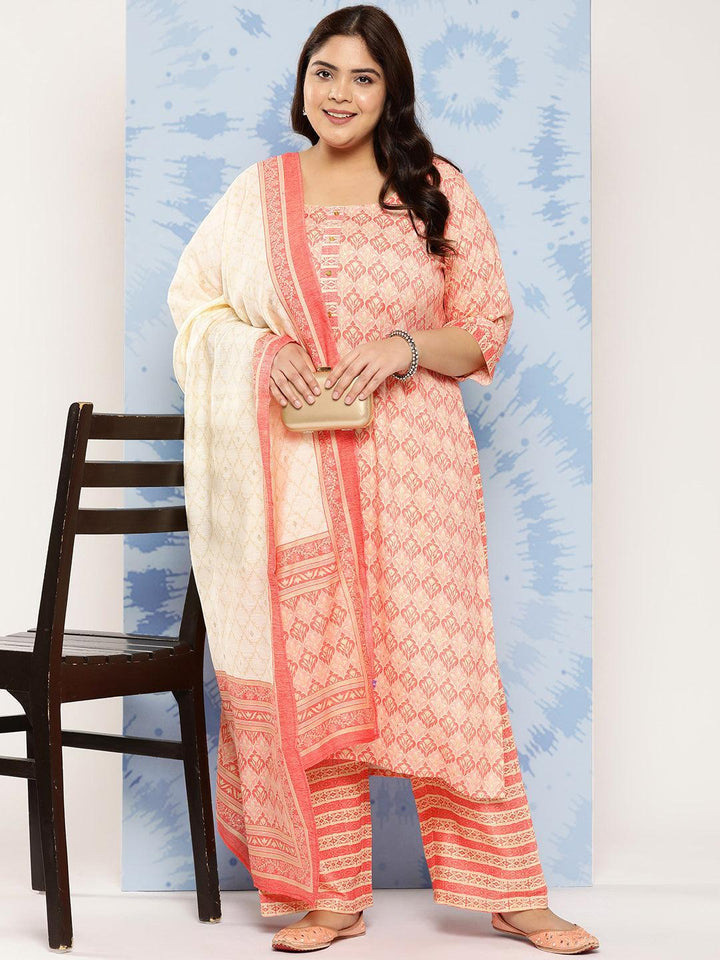 Pink Printed Rayon Straight Kurta With Trousers and Dupatta