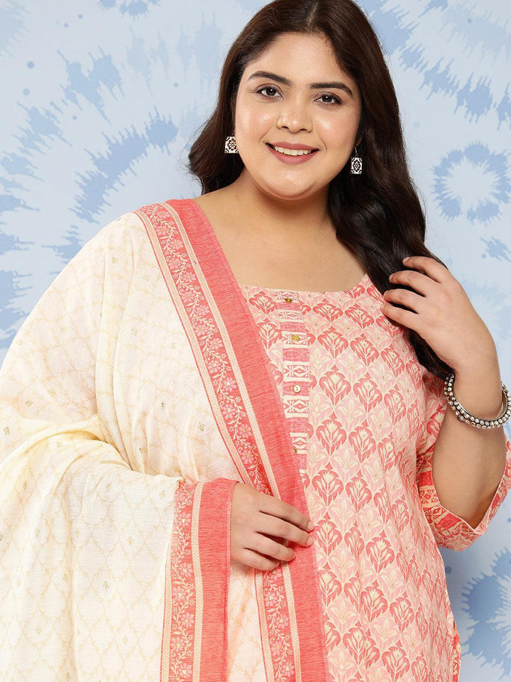 Pink Printed Rayon Straight Kurta With Trousers and Dupatta