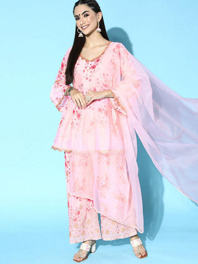 Pink Printed Satin Anarkali Suit Set - ShopLibas