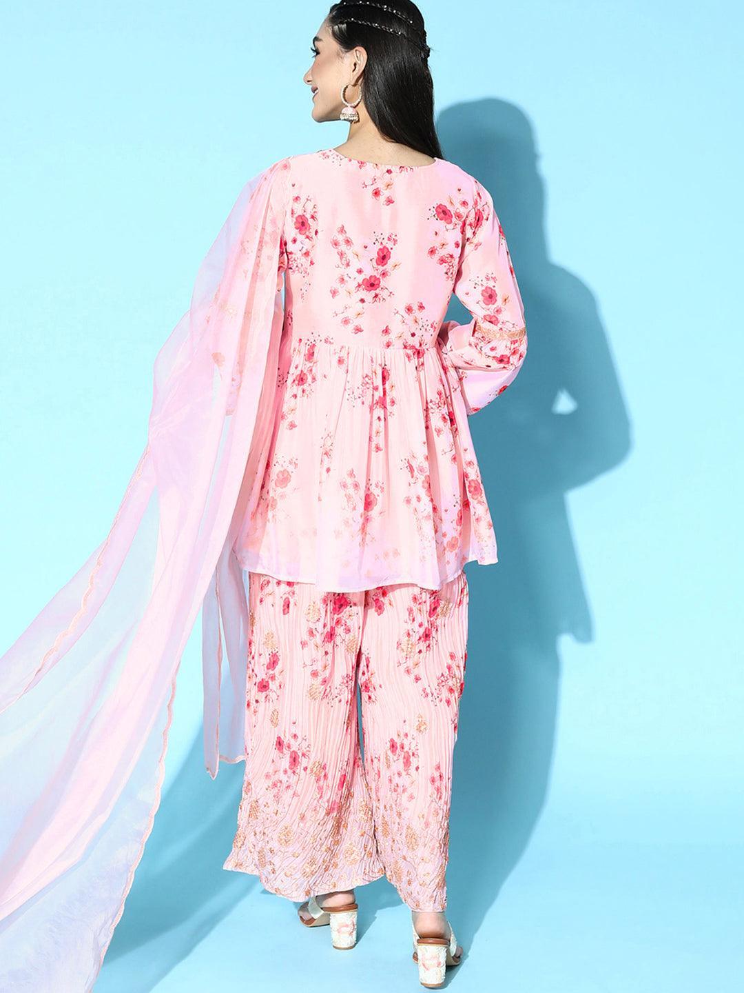 Pink Printed Satin Anarkali Suit Set - ShopLibas