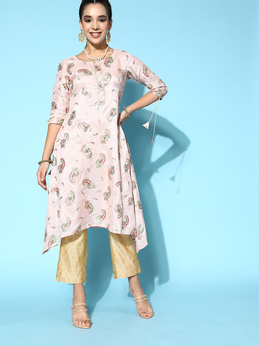 Pink Printed Silk A-Line Kurta - ShopLibas