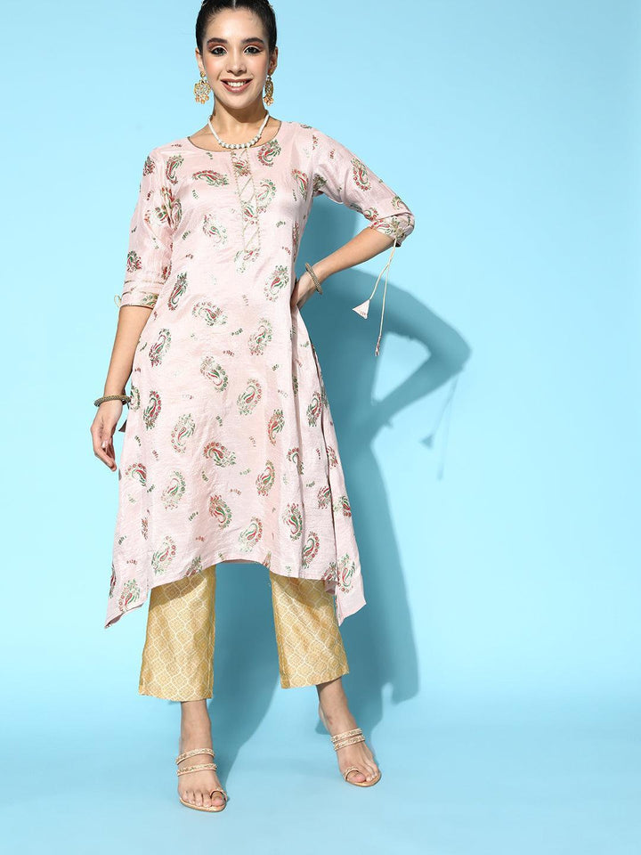 Pink Printed Silk A-Line Kurta - ShopLibas