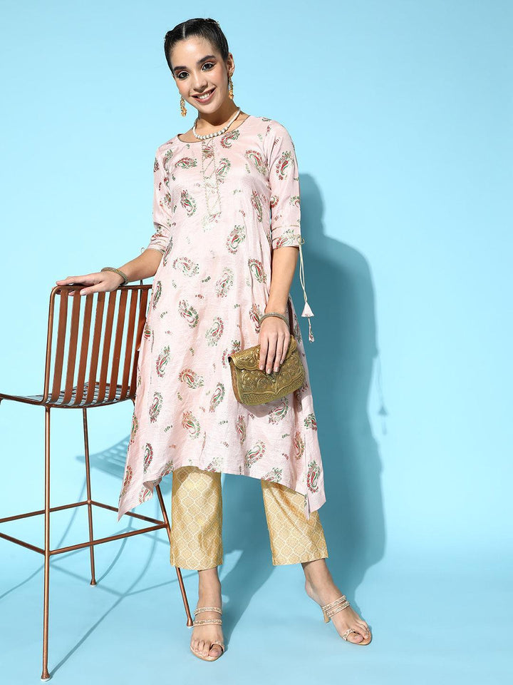 Pink Printed Silk A-Line Kurta - ShopLibas