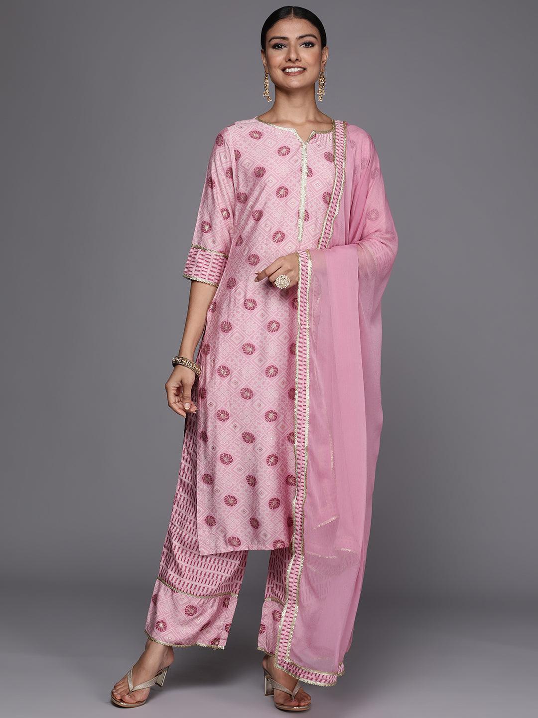 Pink Printed Silk Blend Straight Suit Set - ShopLibas