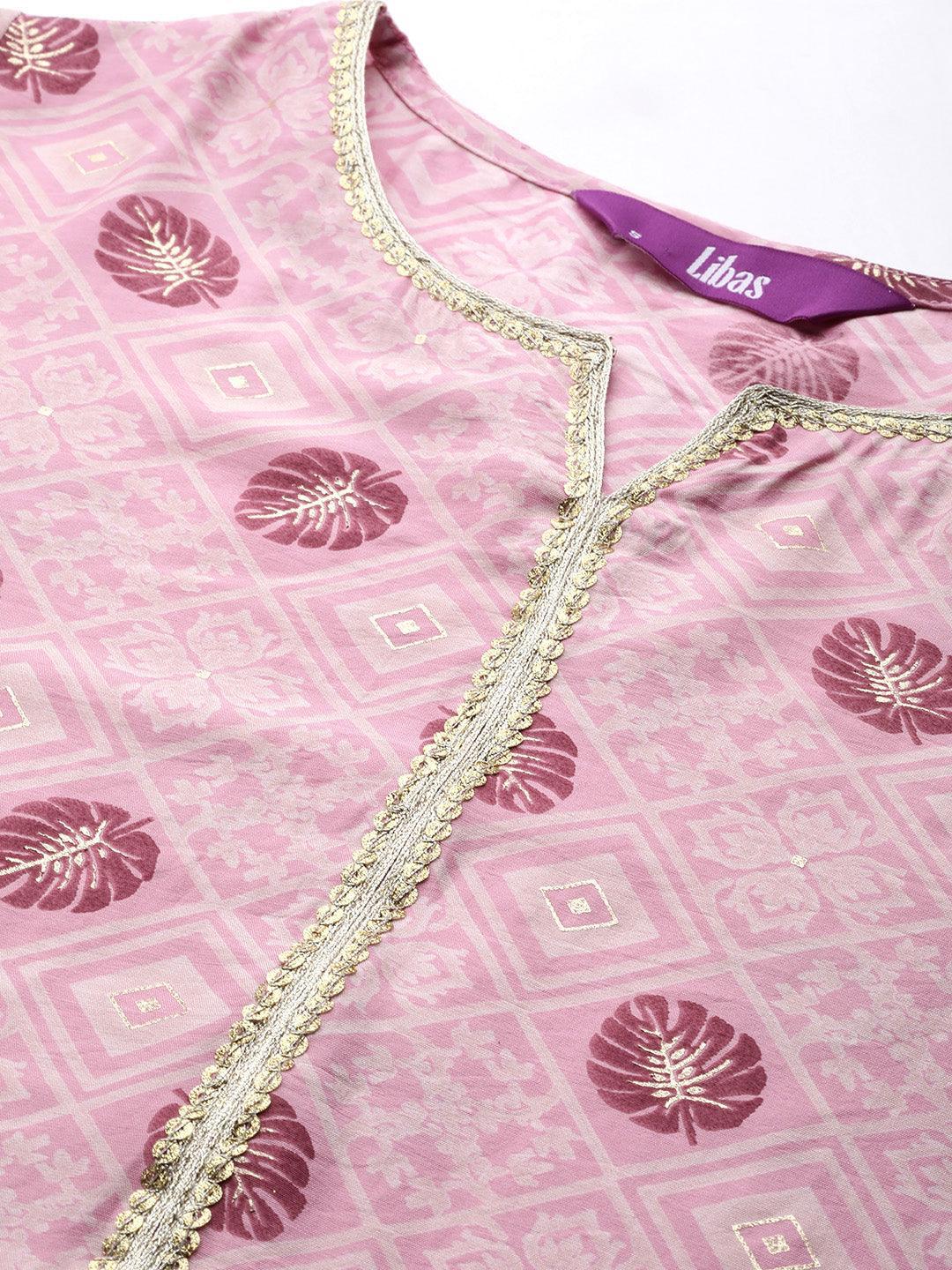Pink Printed Silk Blend Straight Suit Set - ShopLibas