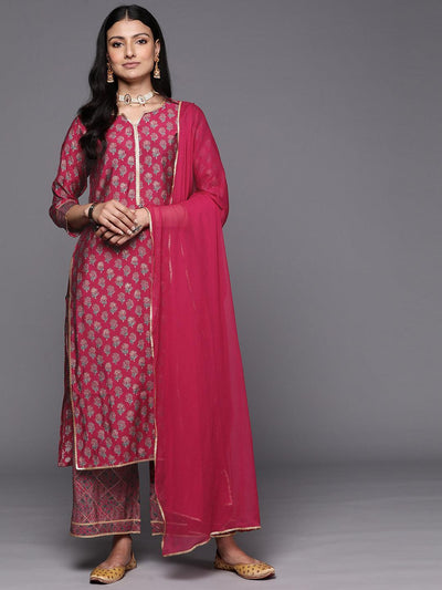 Pink Printed Silk Blend Straight Suit Set With Palazzos - ShopLibas