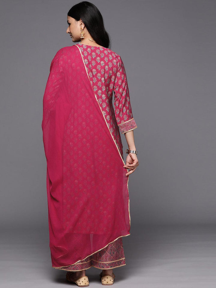 Pink Printed Silk Blend Straight Suit Set With Palazzos