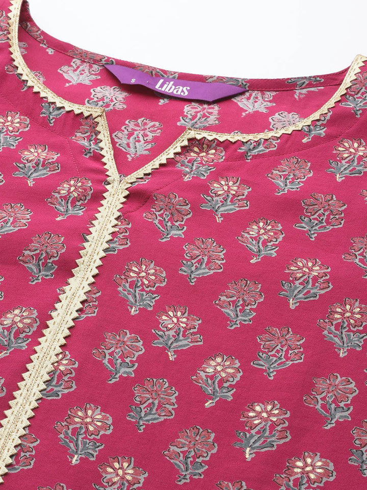 Pink Printed Silk Blend Straight Suit Set With Palazzos
