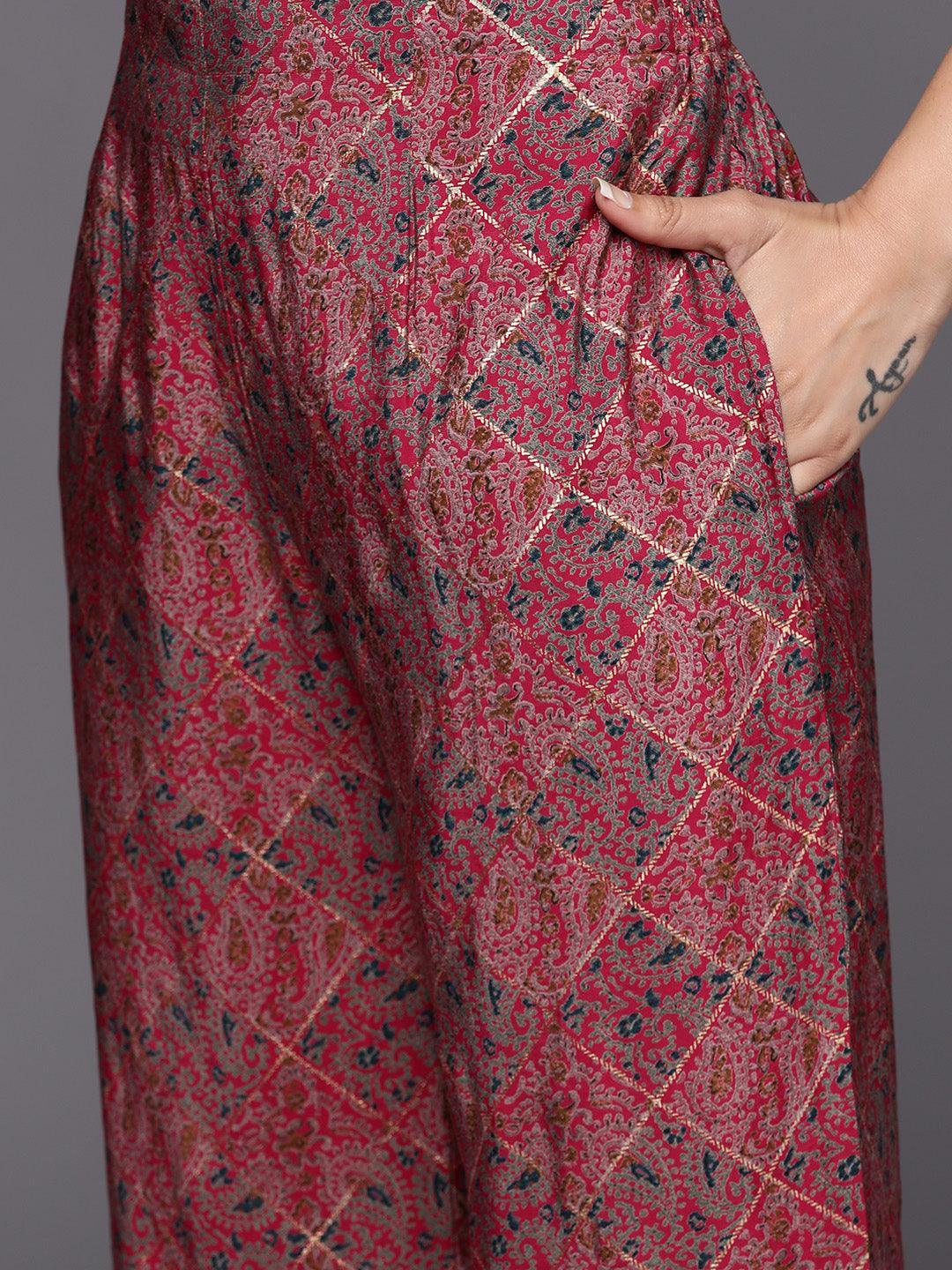Pink Printed Silk Blend Straight Suit Set With Palazzos - ShopLibas 