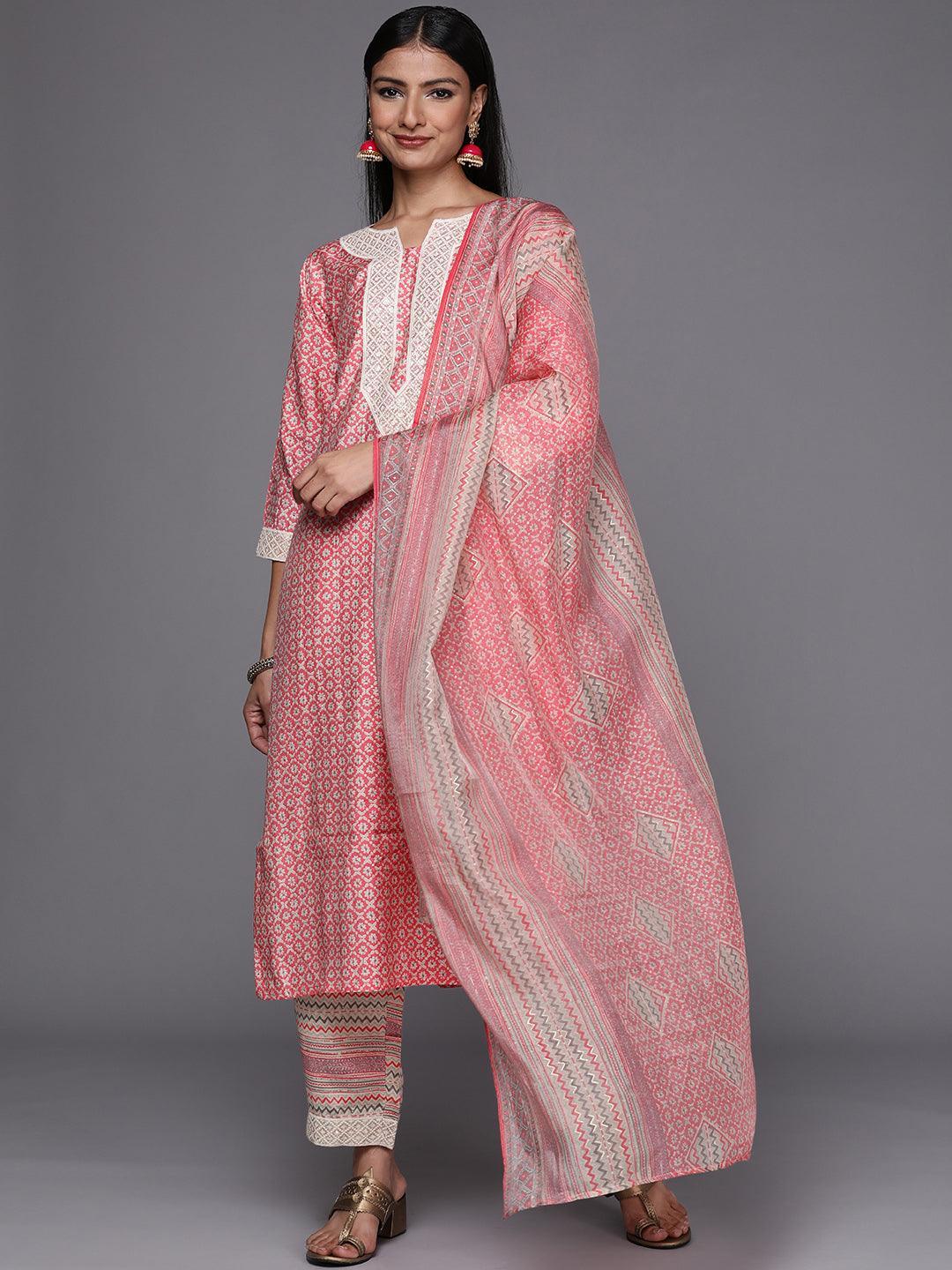Pink Printed Silk Blend Straight Suit Set - ShopLibas