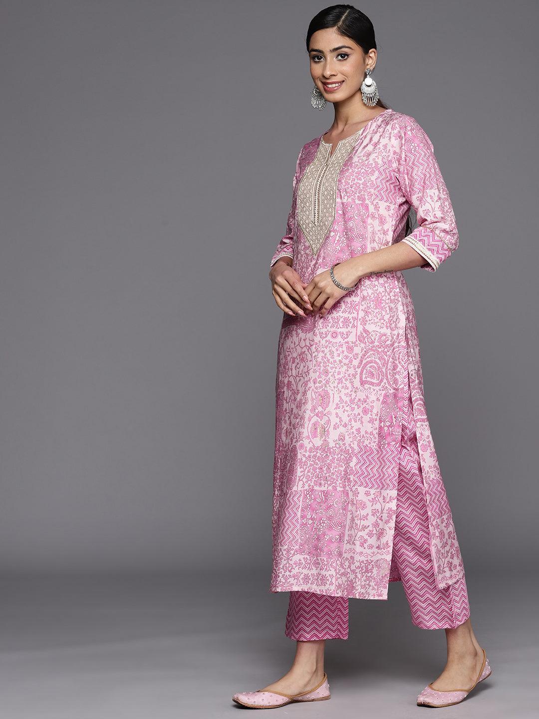 Pink Printed Silk Blend Straight Suit Set With Trousers - Libas 