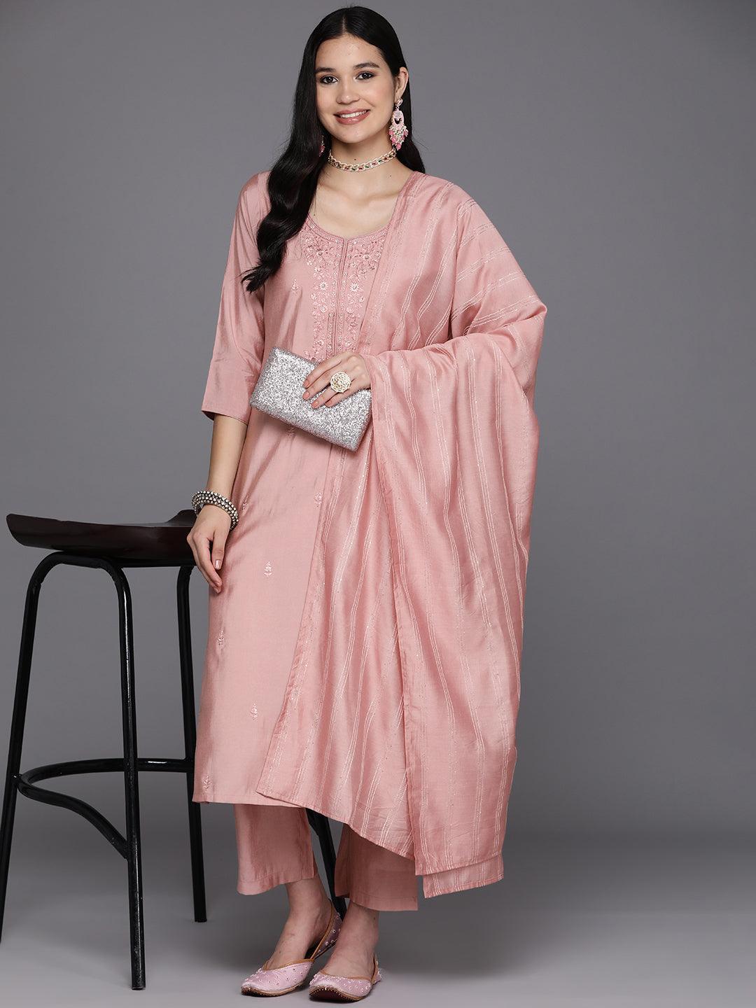 Pink Printed Silk Blend Straight Kurta With Trousers & Dupatta - Libas 