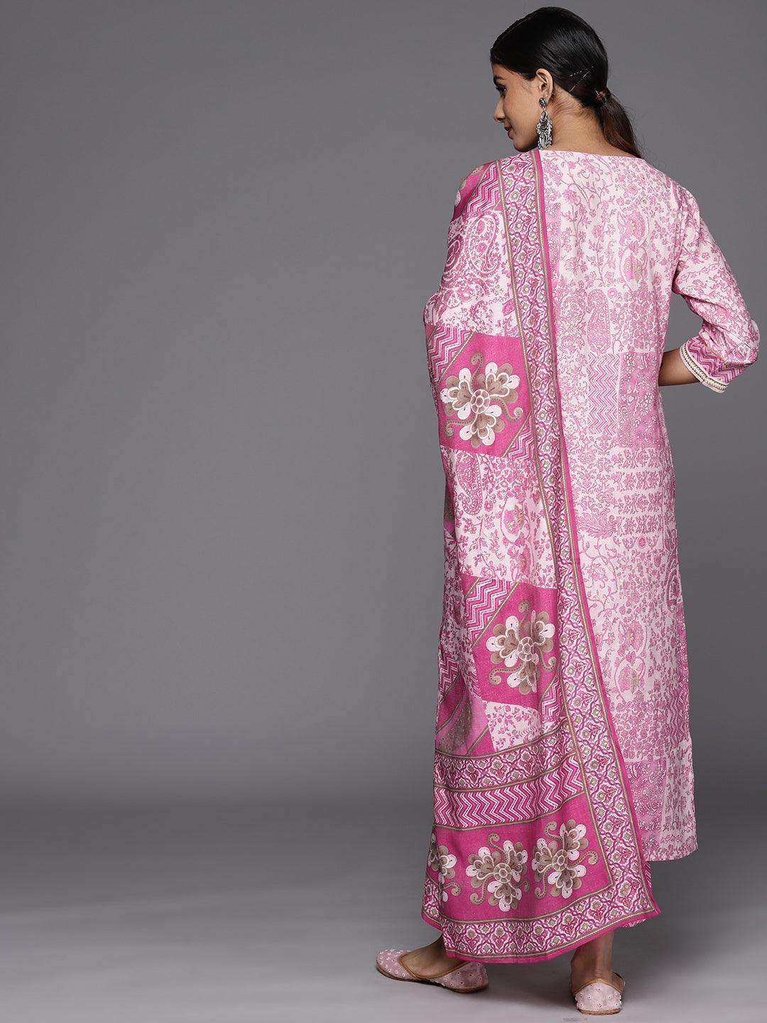 Pink Printed Silk Blend Straight Suit Set With Trousers - Libas 