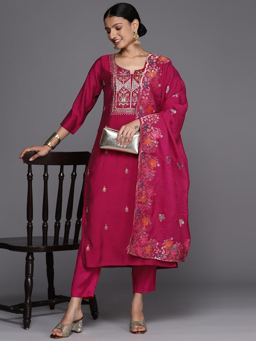 Pink Printed Silk Blend Straight Kurta With Trousers & Dupatta - Libas 