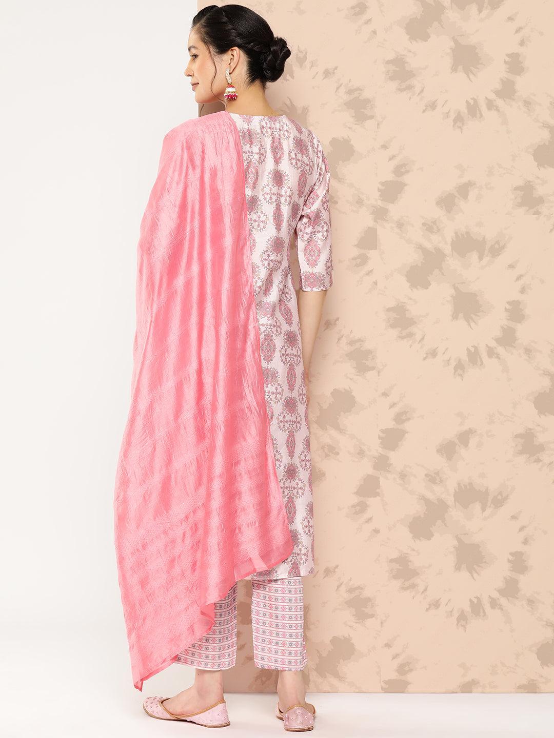 Pink Printed Silk Blend Straight Kurta With Trousers and Dupatta - Libas 