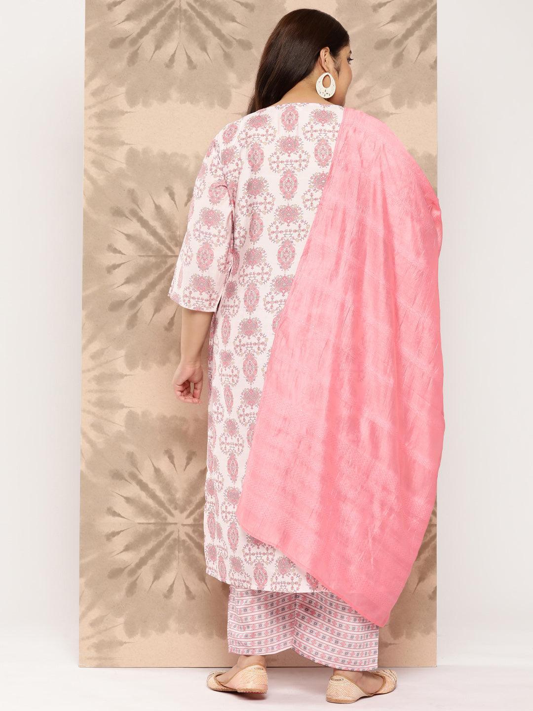 Pink Printed Silk Blend Straight Kurta With Trousers and Dupatta - Libas 